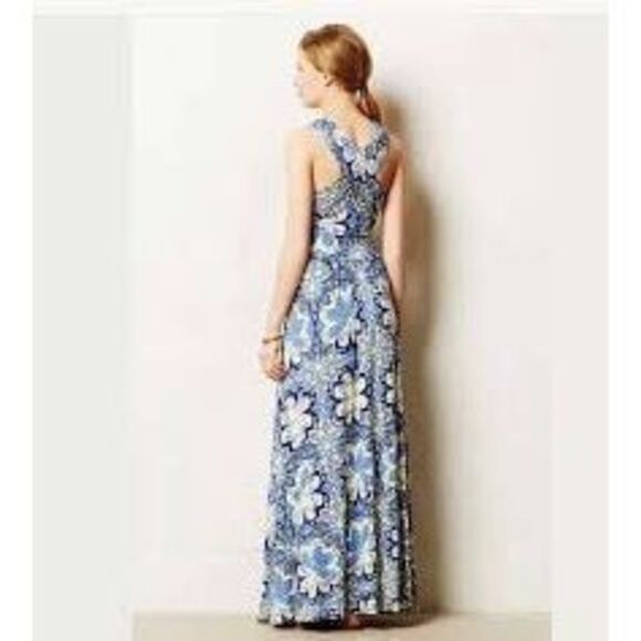 Vanessa Virginia Floral V-Neck Sleeveless Tie Waist Maxi Dress Blue White Small - Picture 3 of 16